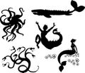 Set of silhouettes of sea mythological creatures: hydra, kraken, mermaid, echeneis